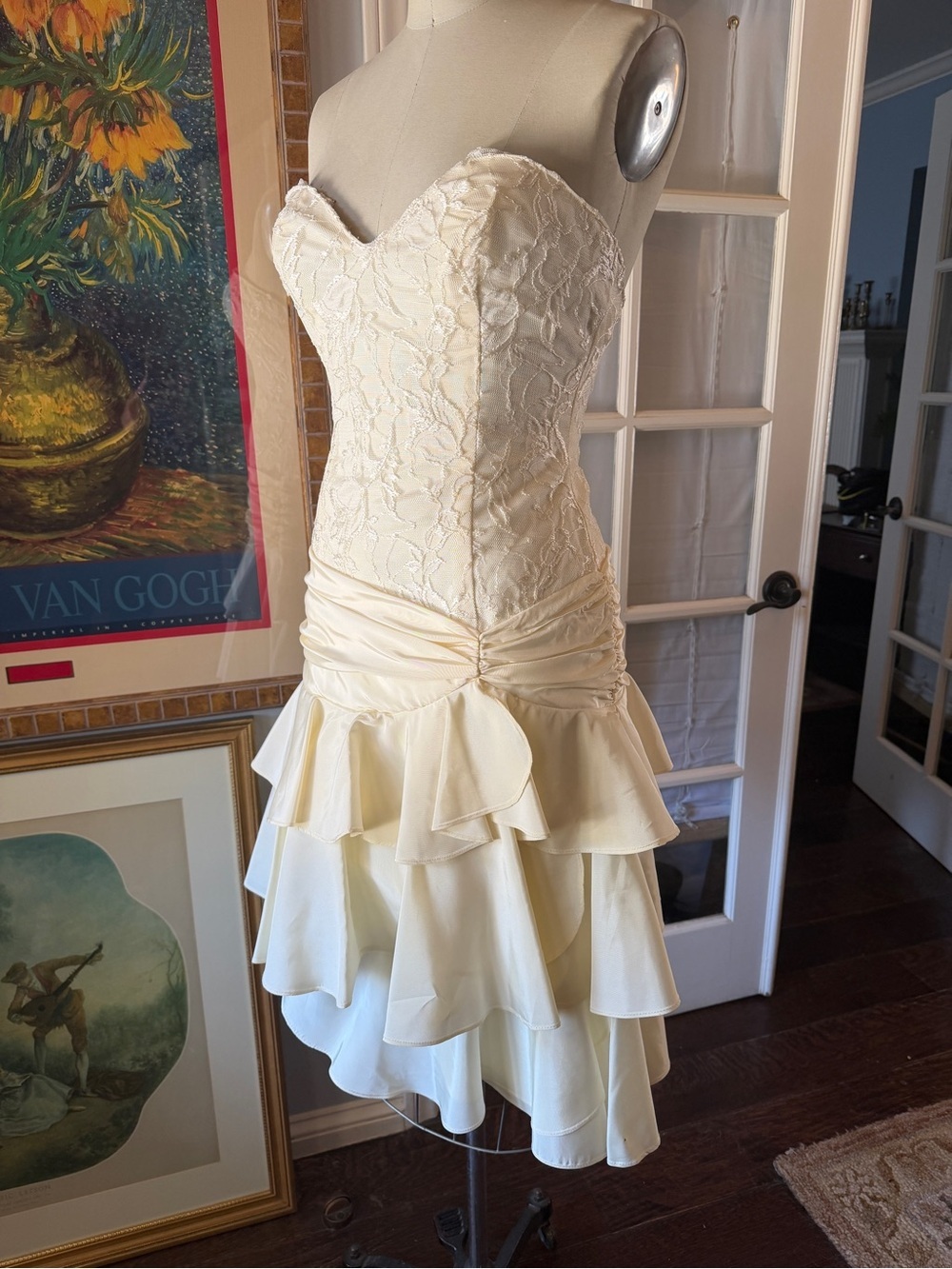 Strapless Lace Bustier Ruffle Cocktail/Wedding Dress in Ivory - Picture 2 of 16